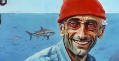 Jacques cousteau ilustracion acuarela